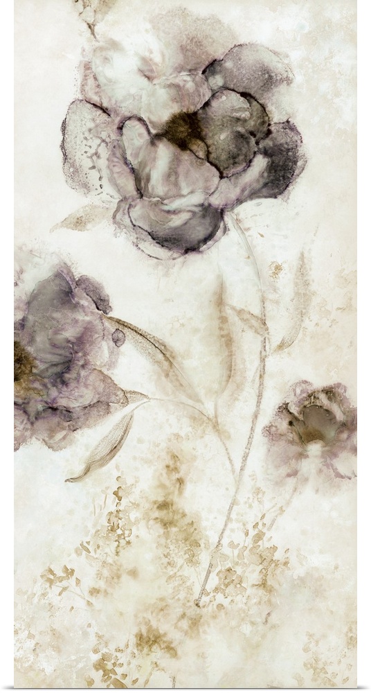 Droplets and splattered paint in subdued colors create this contemporary artwork of peony flowers.