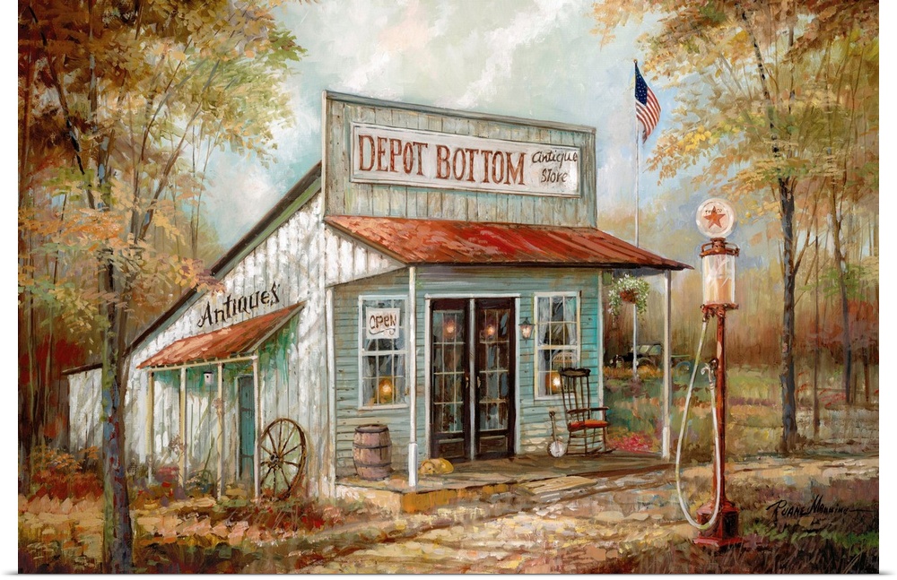 Contemporary painting of a countryside antique store called "Depot Bottom" with Autumn trees surrounding it.