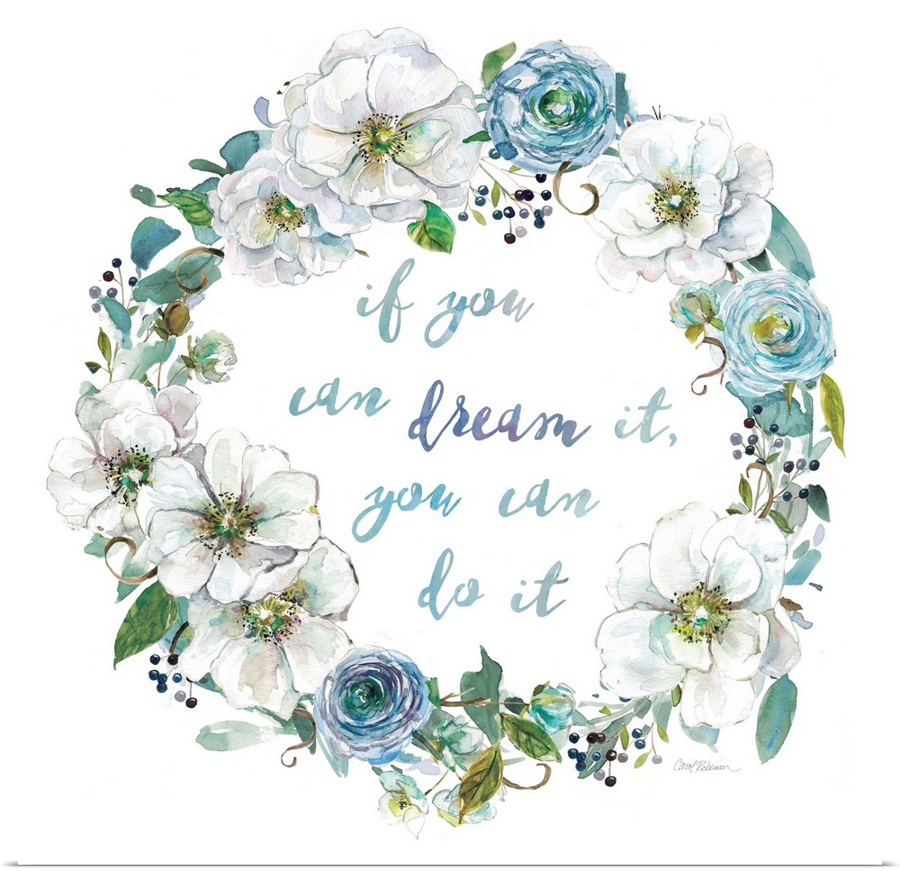 Watercolor wreath of flowers around an inspirational sentiment.