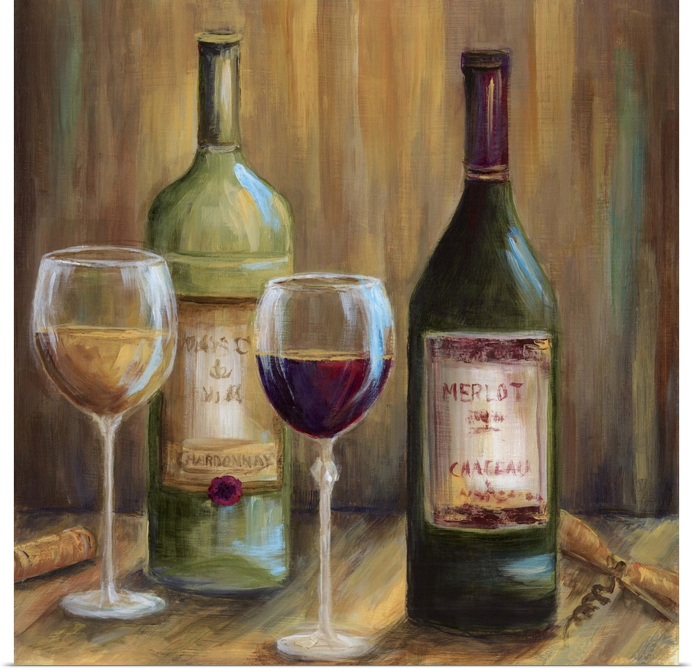 Still life painting of two bottles of wine with glasses on a table.