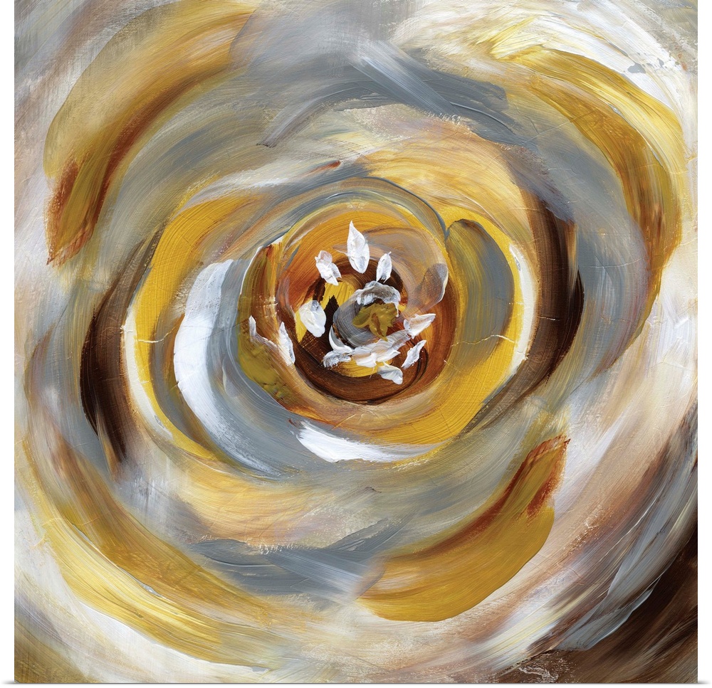 Square painting of a large abstract flower consuming the entire canvas in gold, gray, white, and brown hues.
