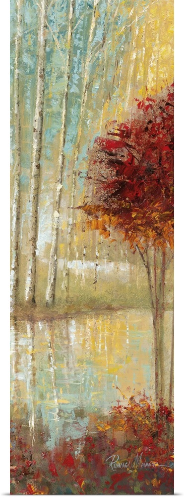 Contemporary painting of a thicket of trees in autumn foliage beside a stream.