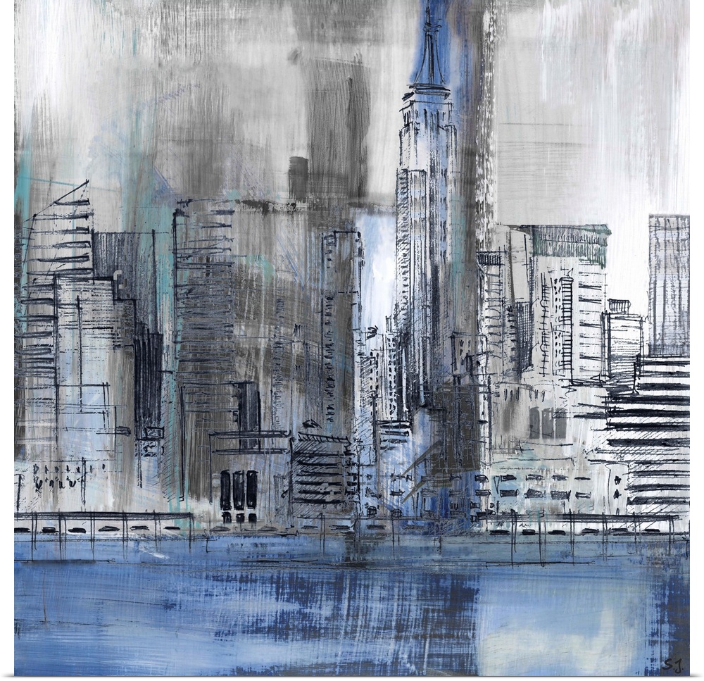 Square abstract painting of part of the New York City skyline, highlighting the Empire State Building, in shades of blue a...
