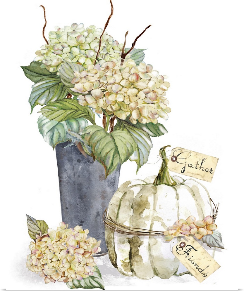 Vertical watercolor painting of watercolor hydrangeas and a harvest pumpkin with tags attached to it that read "Gather" an...