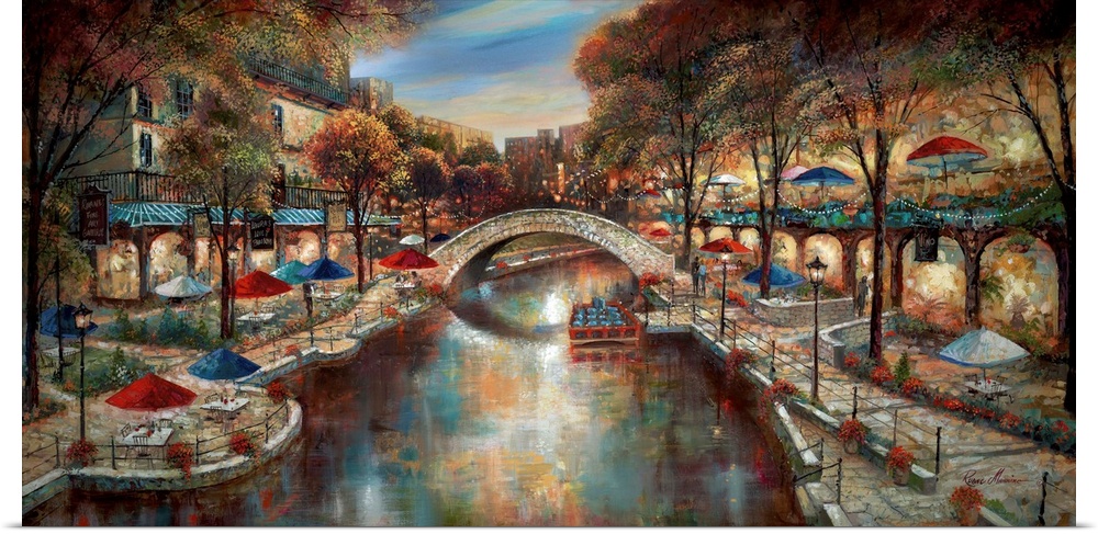 Contemporary artwork of a city scene in the evening with a canal running through the town.