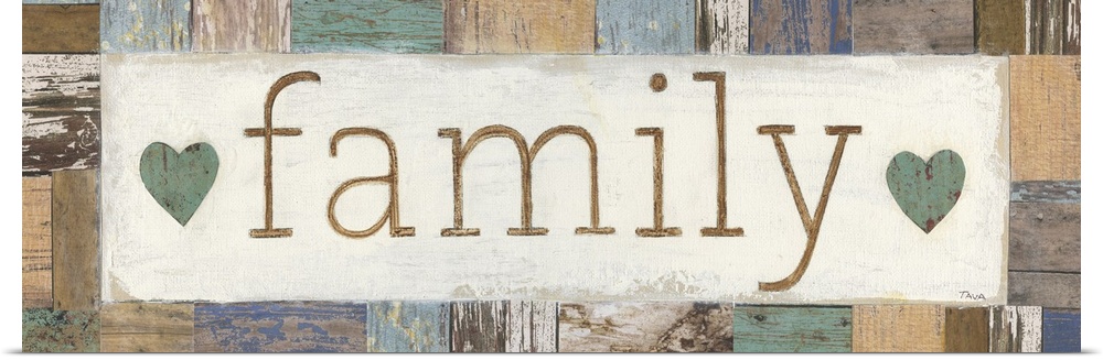 A decorative painting with the word ?family? painted in the middle with two hearts on either side on a multicolored wooden...