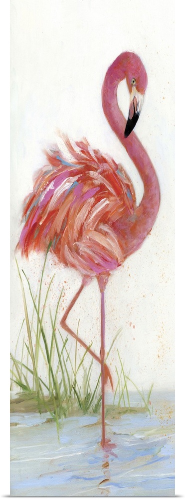 Tall contemporary painting of a pink flamingo standing on one leg in water.
