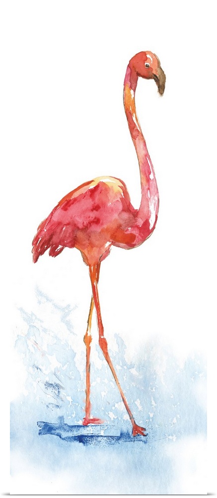 Tall watercolor painting of a single pink flamingo walking through a puddle.