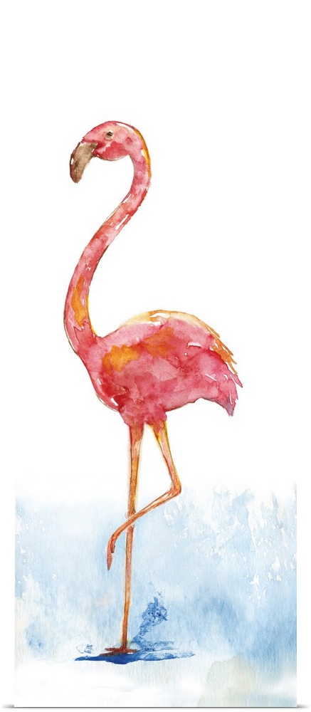 Tall watercolor painting of a single pink flamingo standing on one leg in a puddle.