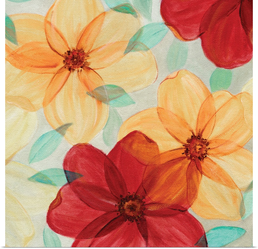 Watercolor artwork of flowers in sunny shades of red and orange.