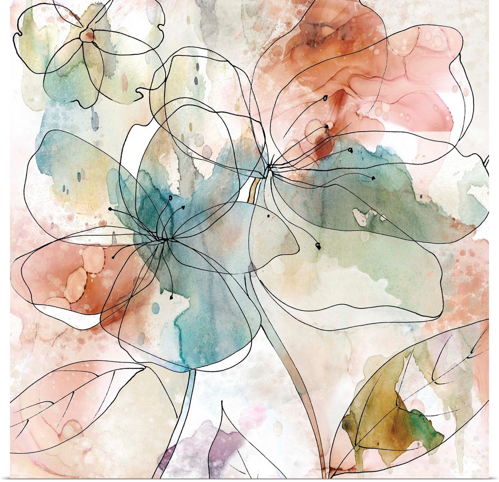 Abstract floral decor with black outlines of flowers on a multi-colored watercolor background.