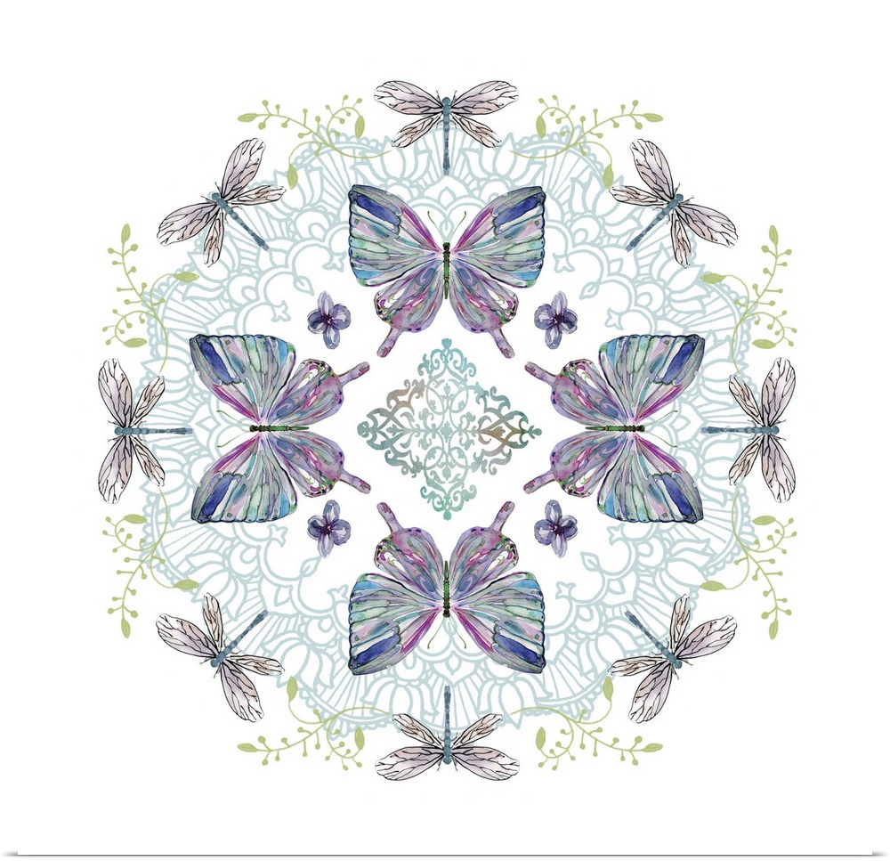 Kaleidoscopic artwork made with watercolor butterflies, dragonflies, and leaves.