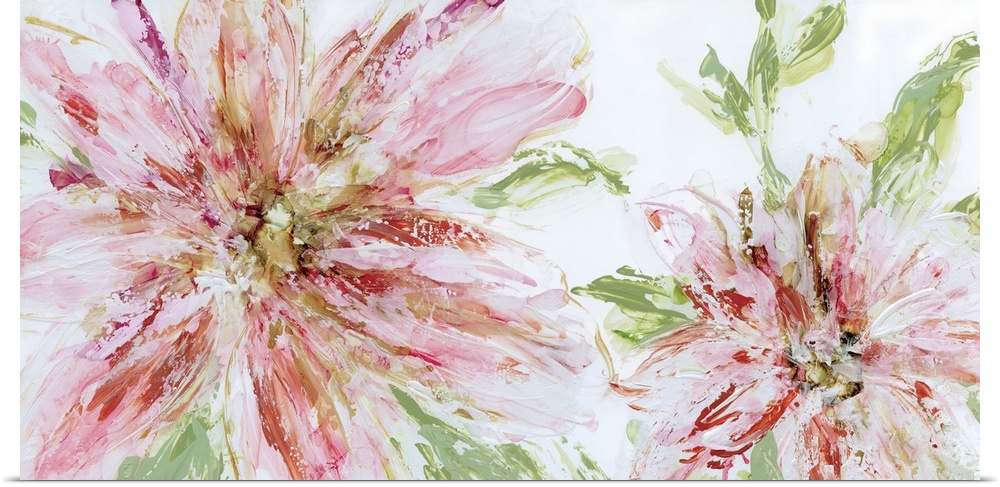 Large painting of two abstract flowers in shades of pink and red with green leaves on a white background.