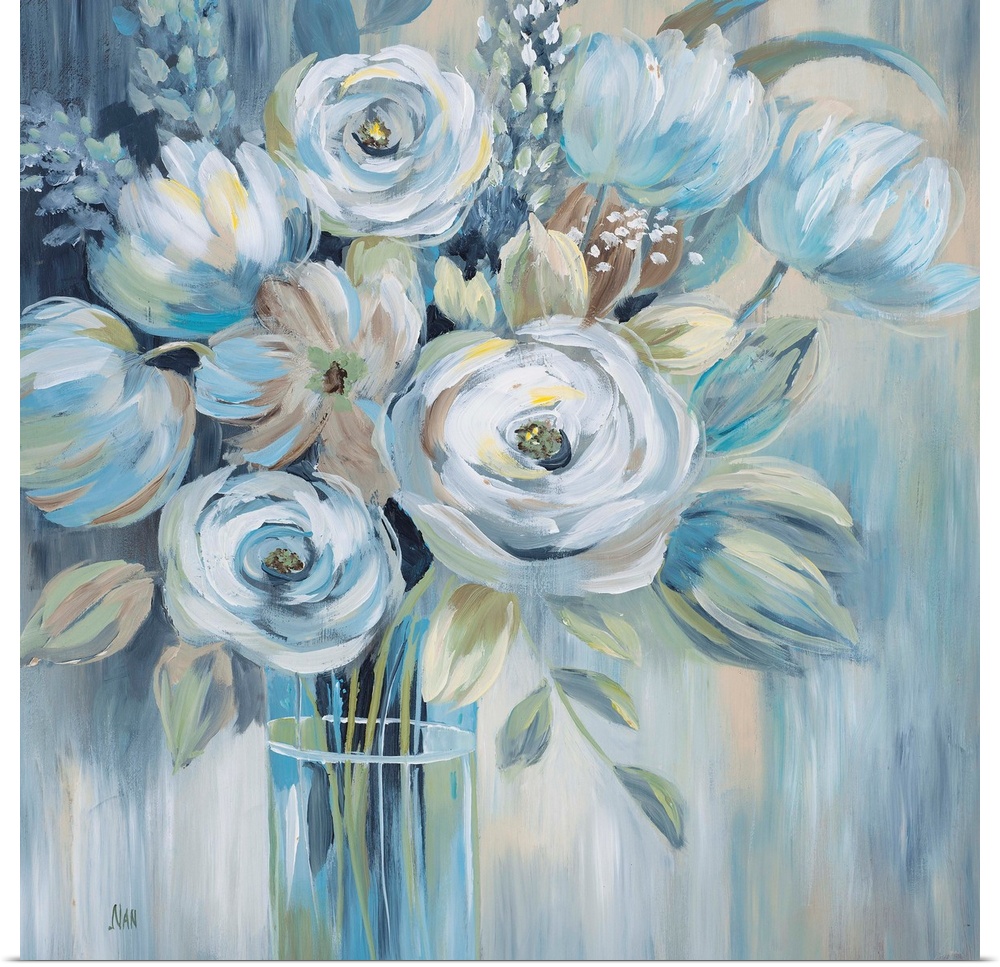 Contemporary painting of blue flowers in a glass vase.