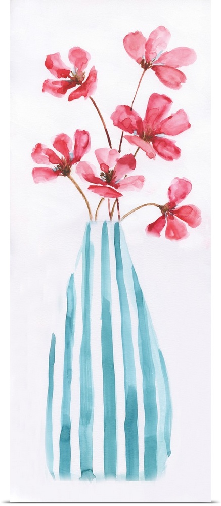 Large panel watercolor painting of pink flowers arranged in a blue and white striped vase on a solid white background.