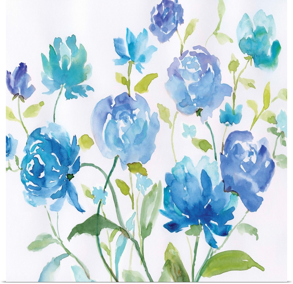 Bright blue watercolor flowers with green leaves spring up against a white background.