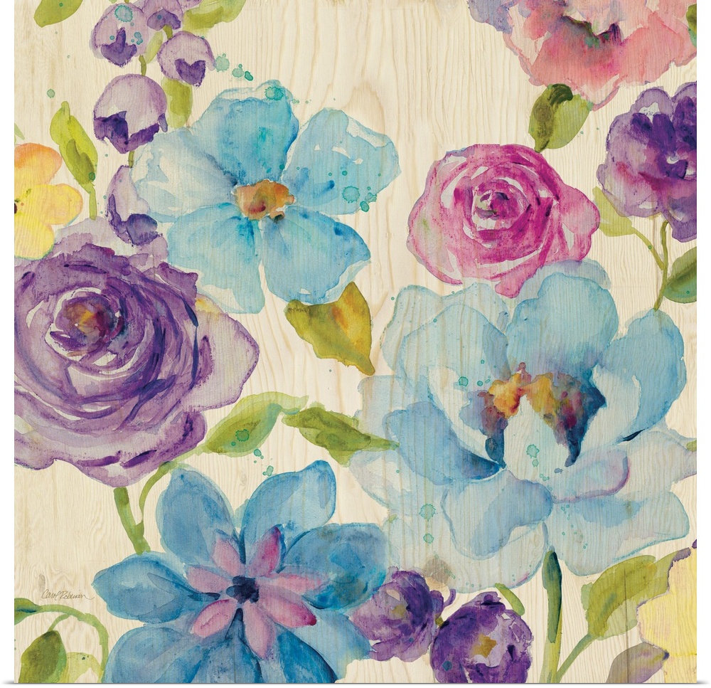 A watercolor painting of different colored flowers on a light wooden background.