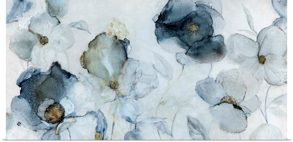 Large contemporary painting of indigo flowers.