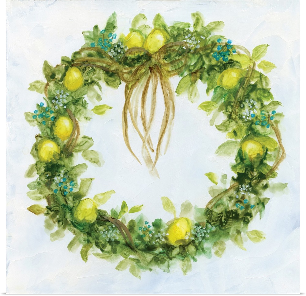 Artwork of a leafy green wreath decorated with ribbons and lemons.