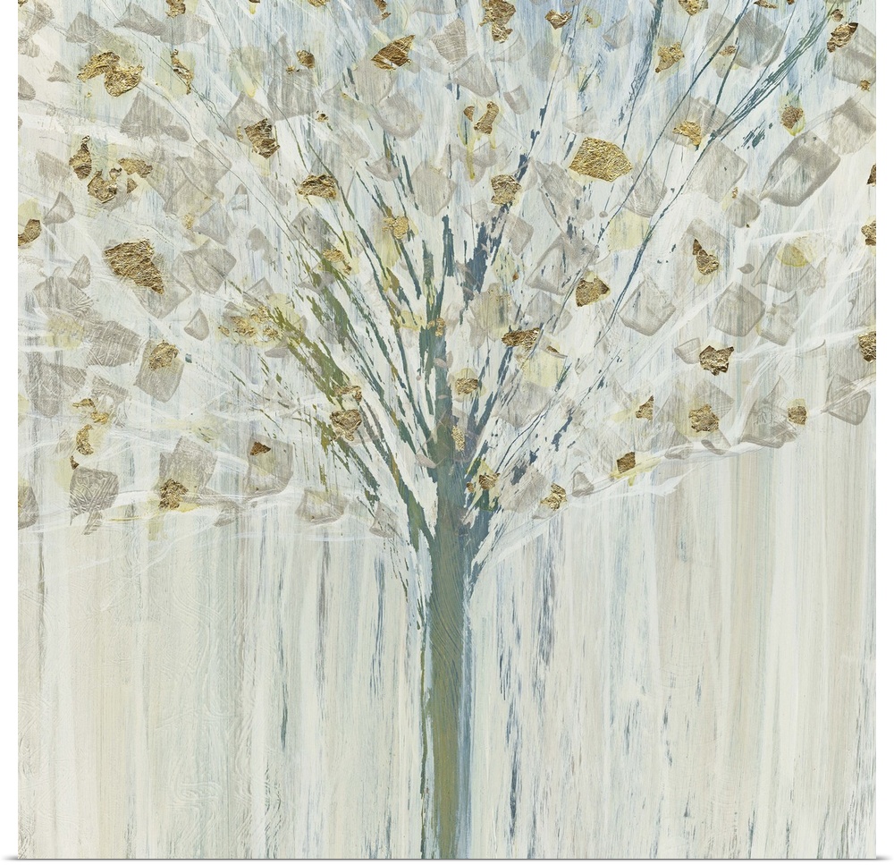 A contemporary abstract painting of a winter tree with small silver and gold brushstrokes resembling the frosted leaves.
