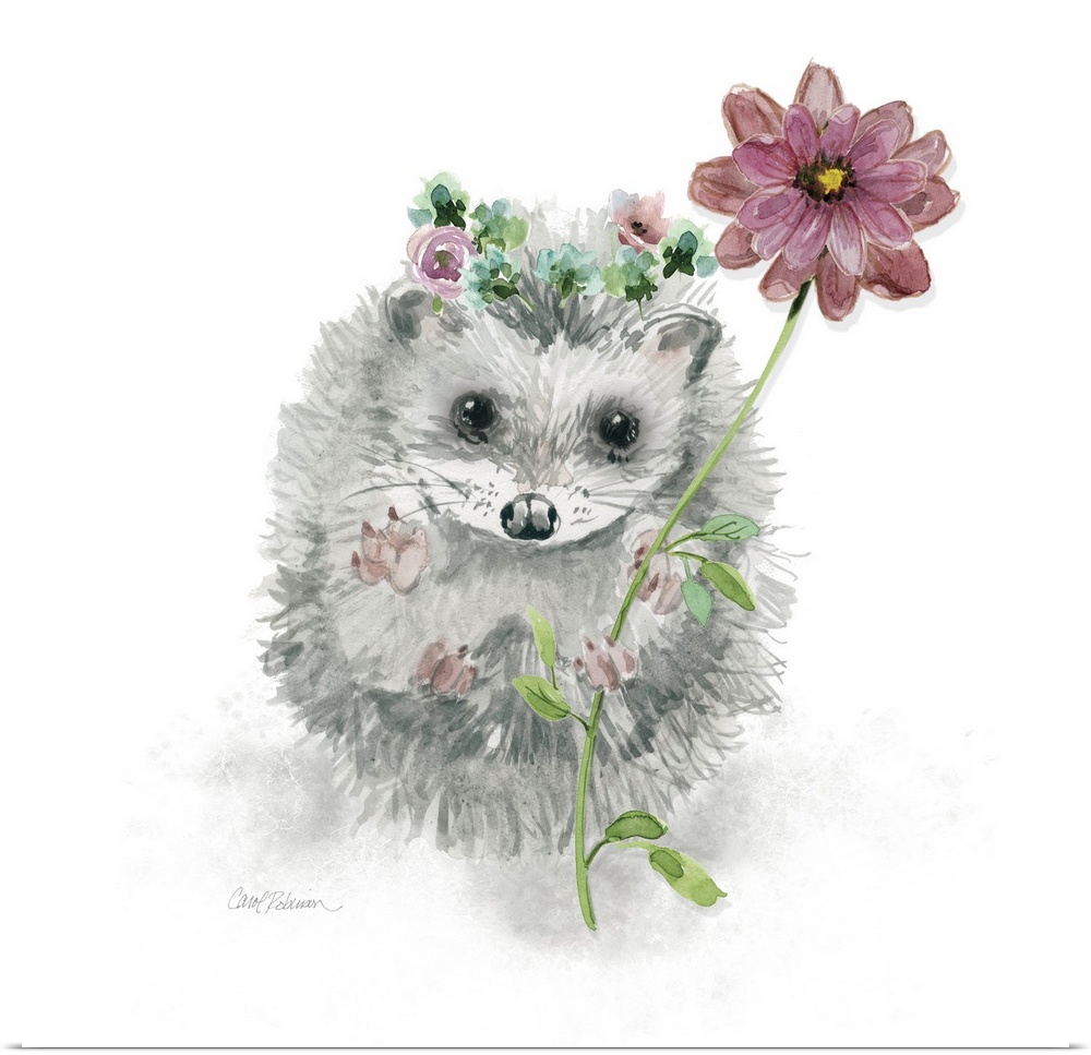 A watercolor painting of a garden hedgehog wearing a flower crown and holding a long stemmed pink flower.