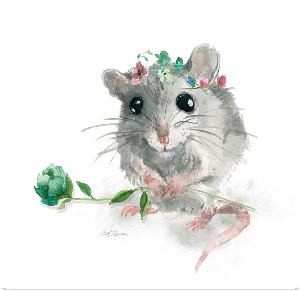 A watercolor painting of a garden mouse wearing a flower crown and holding a long stemmed blue and green flower.