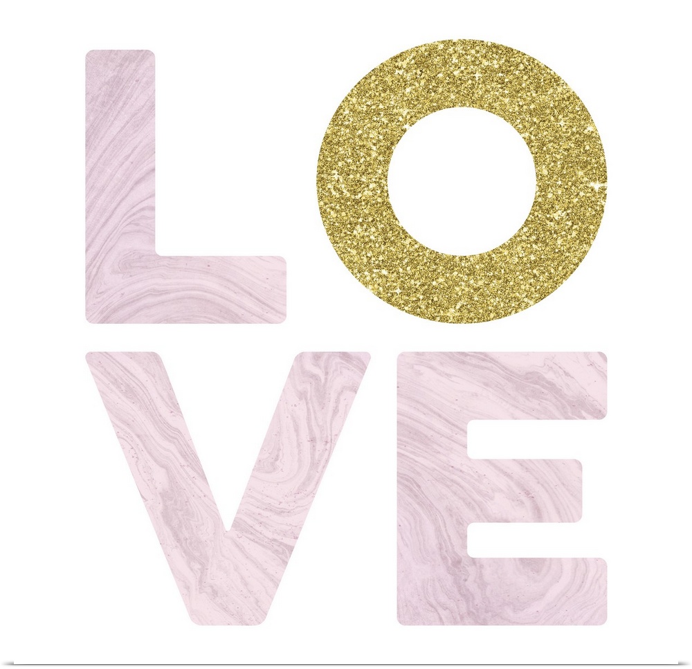 LOVE spelled out in white marble and glitter gold on a white square background with a glitter gold border.