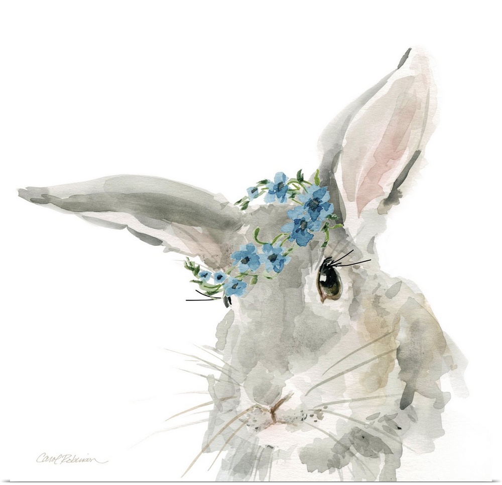 Cute watercolor painting of a gray rabbit wearing a blue flower crown on a solid white, square background.