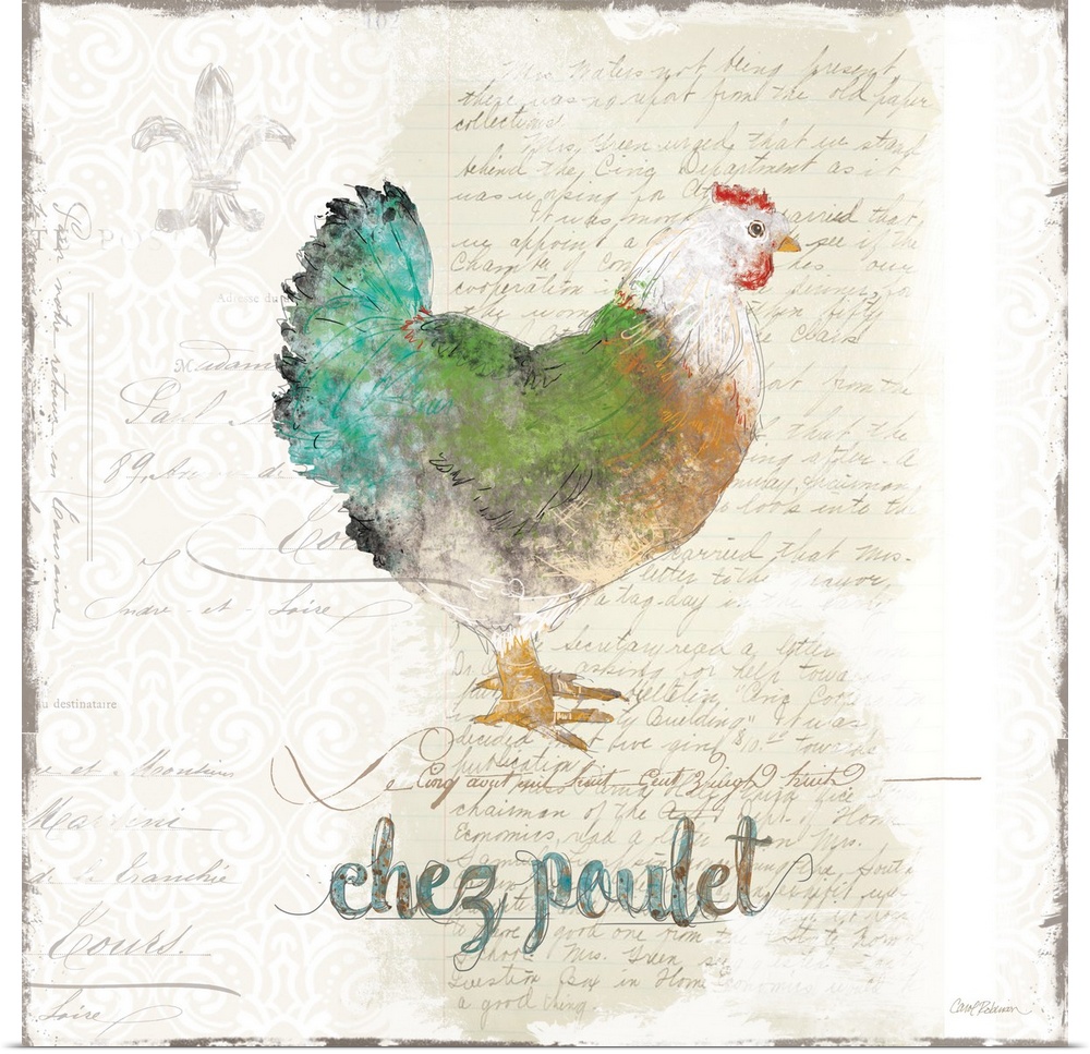 A decorative painting of a colorful chicken with a background that is beige with white deigns and a handwritten letter.