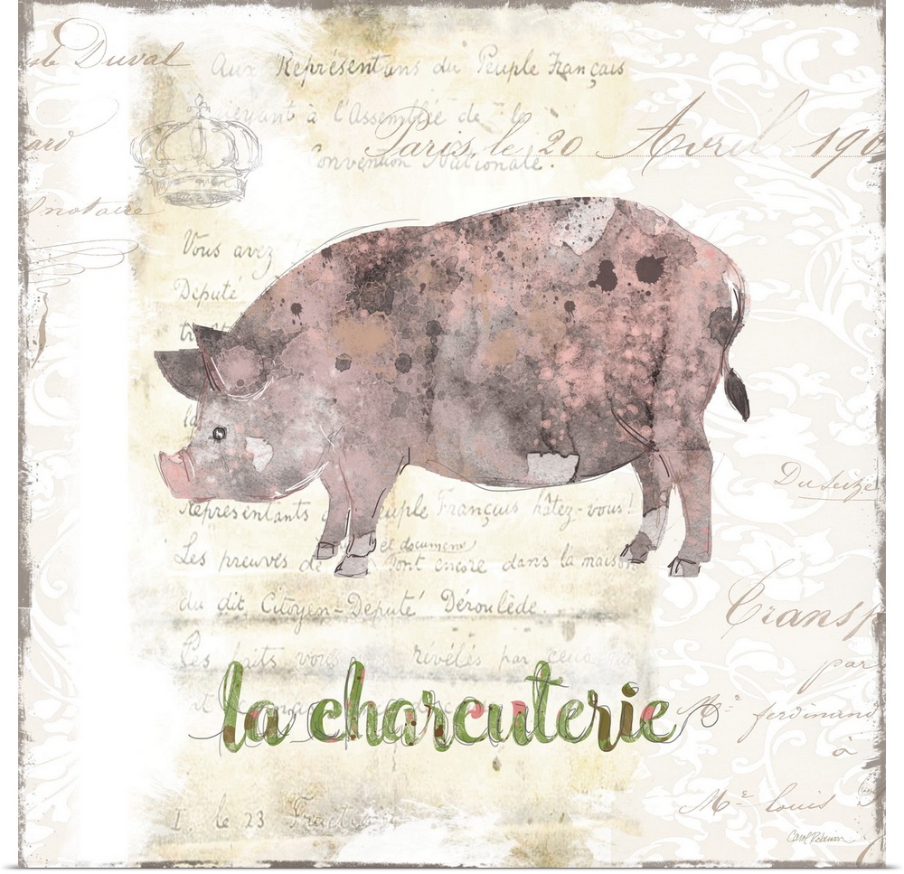A decorative painting of pink, black, and grey pig with a background that is beige with white deigns and a French writing.
