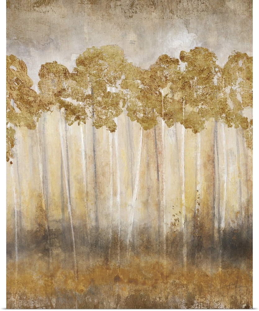 Contemporary painting of a row of slender trees with golden leaves.