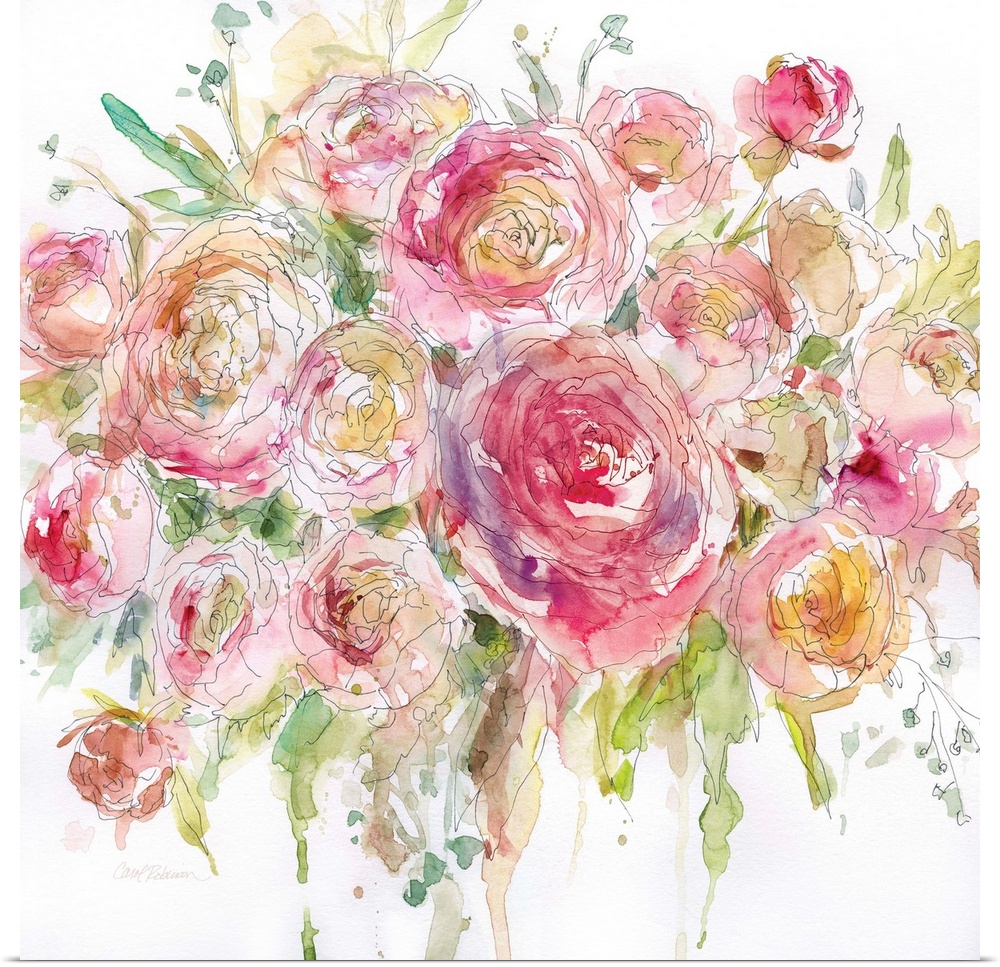 Square watercolor painting of an arranged bouquet of roses.