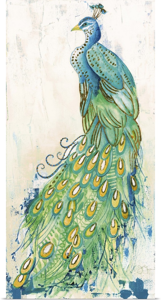 A contemporary painting of a peacock with beautifully decorated tail feathers that spread to the bottom of the canvas.