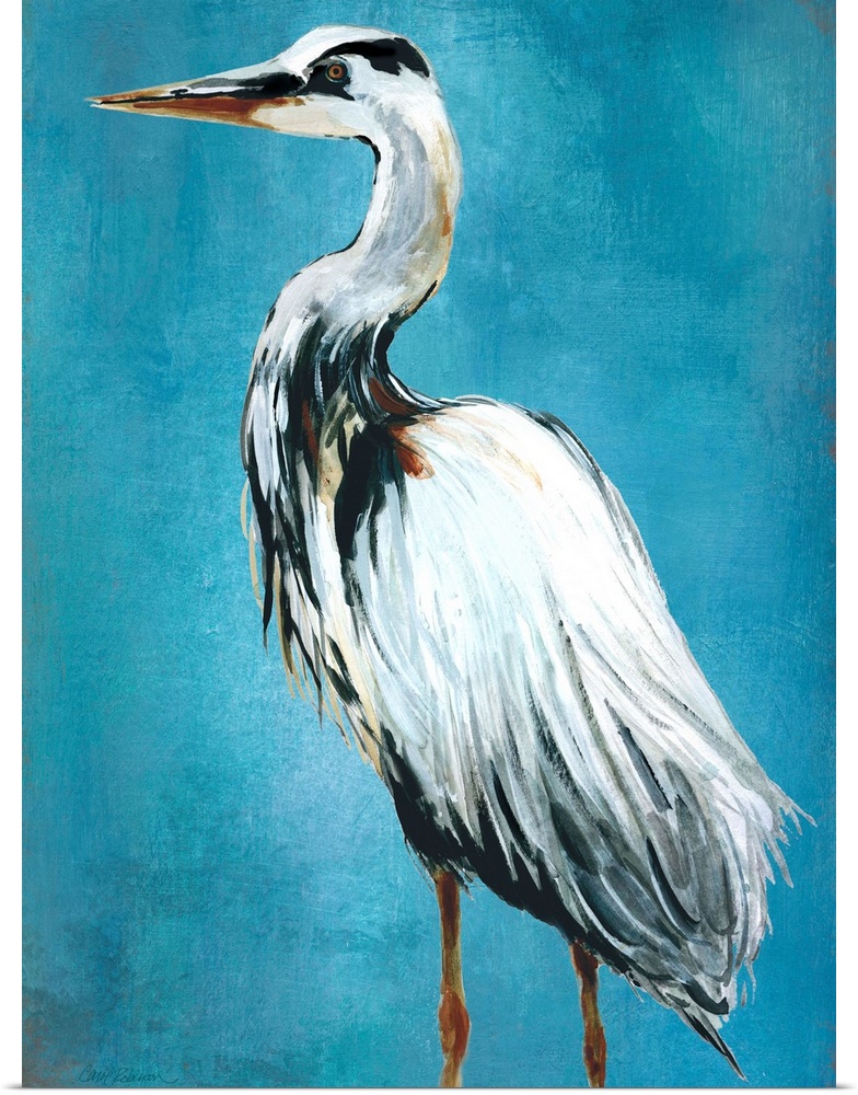 Contemporary painting of a blue heron on a blue background.