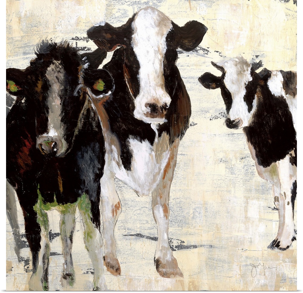 A contemporary painting of three cows standing together using all natural colors with hints of green and red.