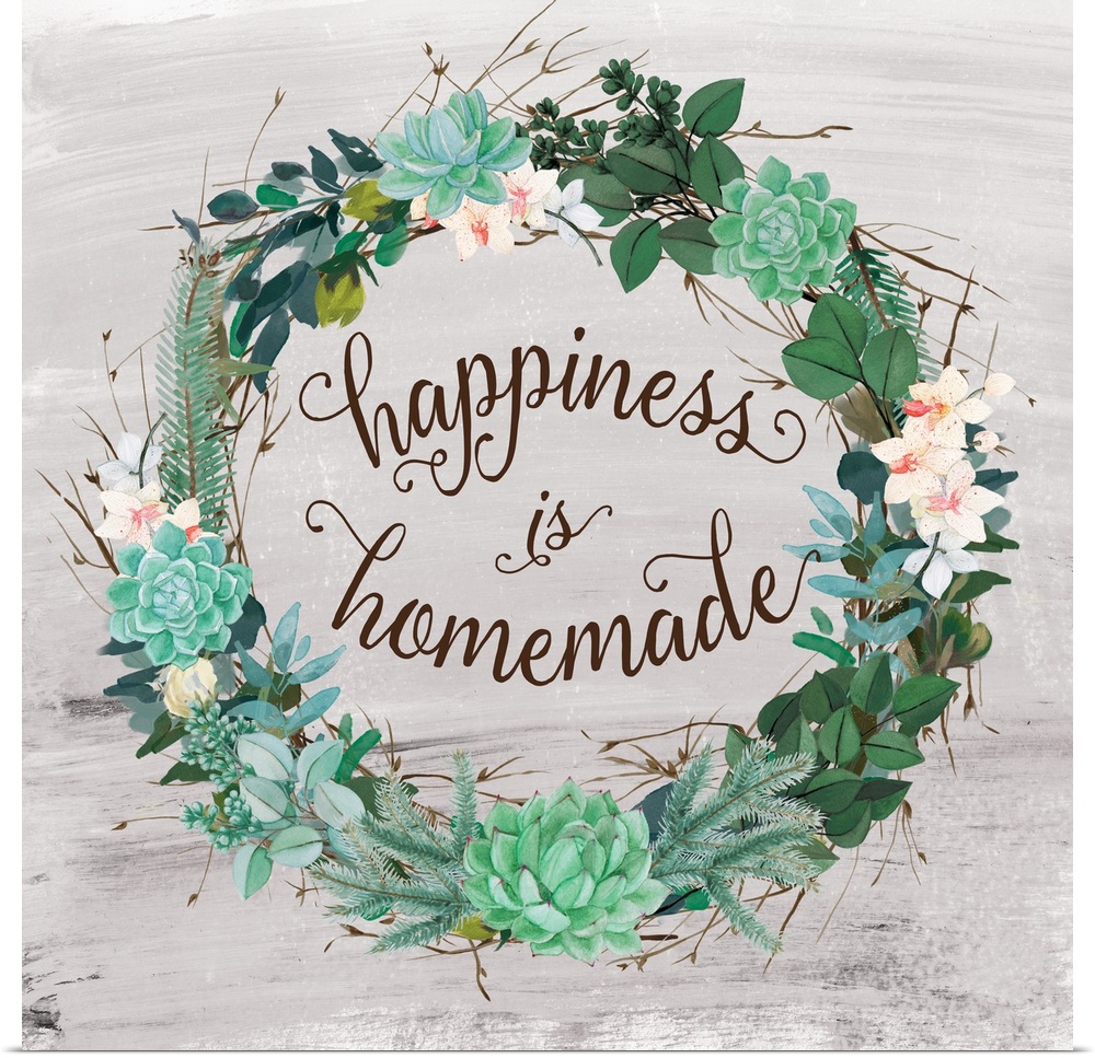 A wreath of succulents, various flowers and foliage surround the words, "Happiness is Homemade".
