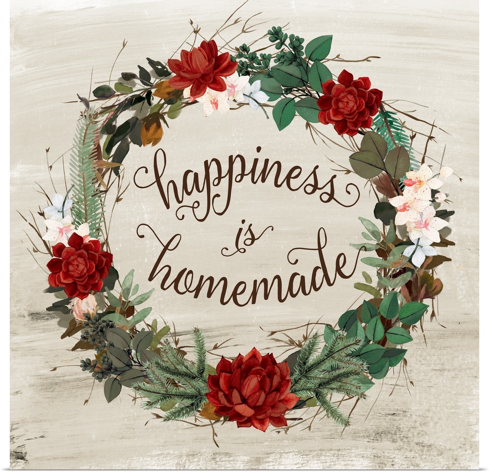 A wreath of red succulents, flowers and various foliage  surround the words, "Happiness is homemade" .