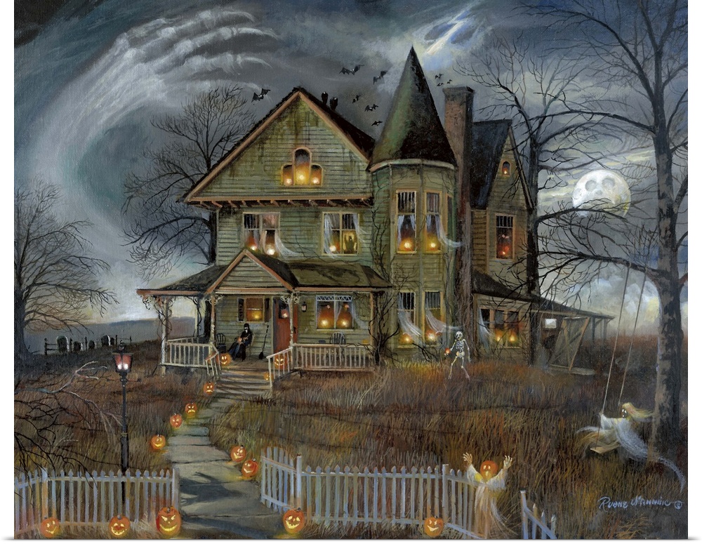 Contemporary Halloween themed artwork of a haunted house with ghostly arms surrounding the house.