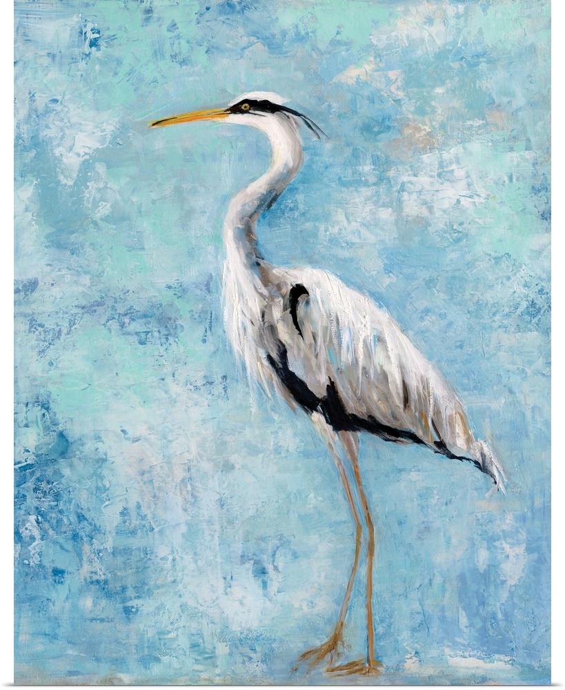 Vertical contemporary art comprised of vigorous thick brush strokes to create a thoughtful heron.