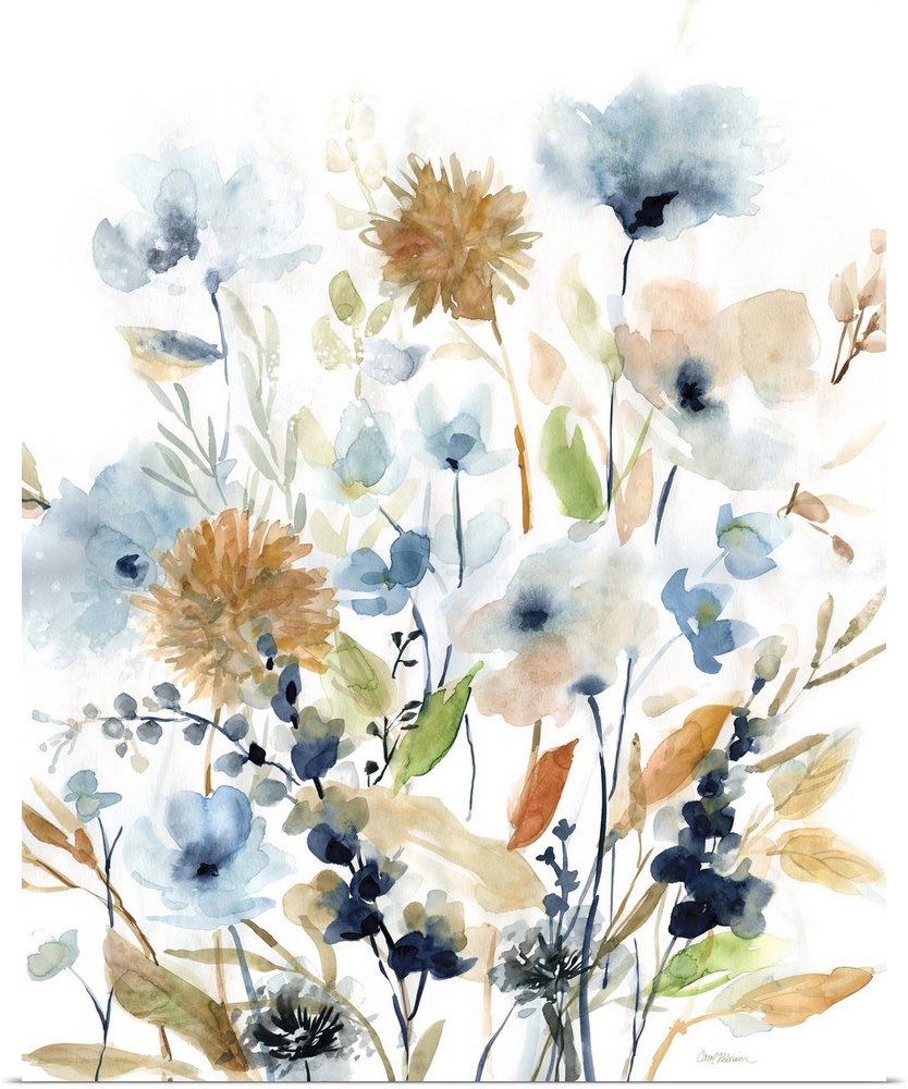 Watercolor painting of wildflowers in earthy colors on a white background.