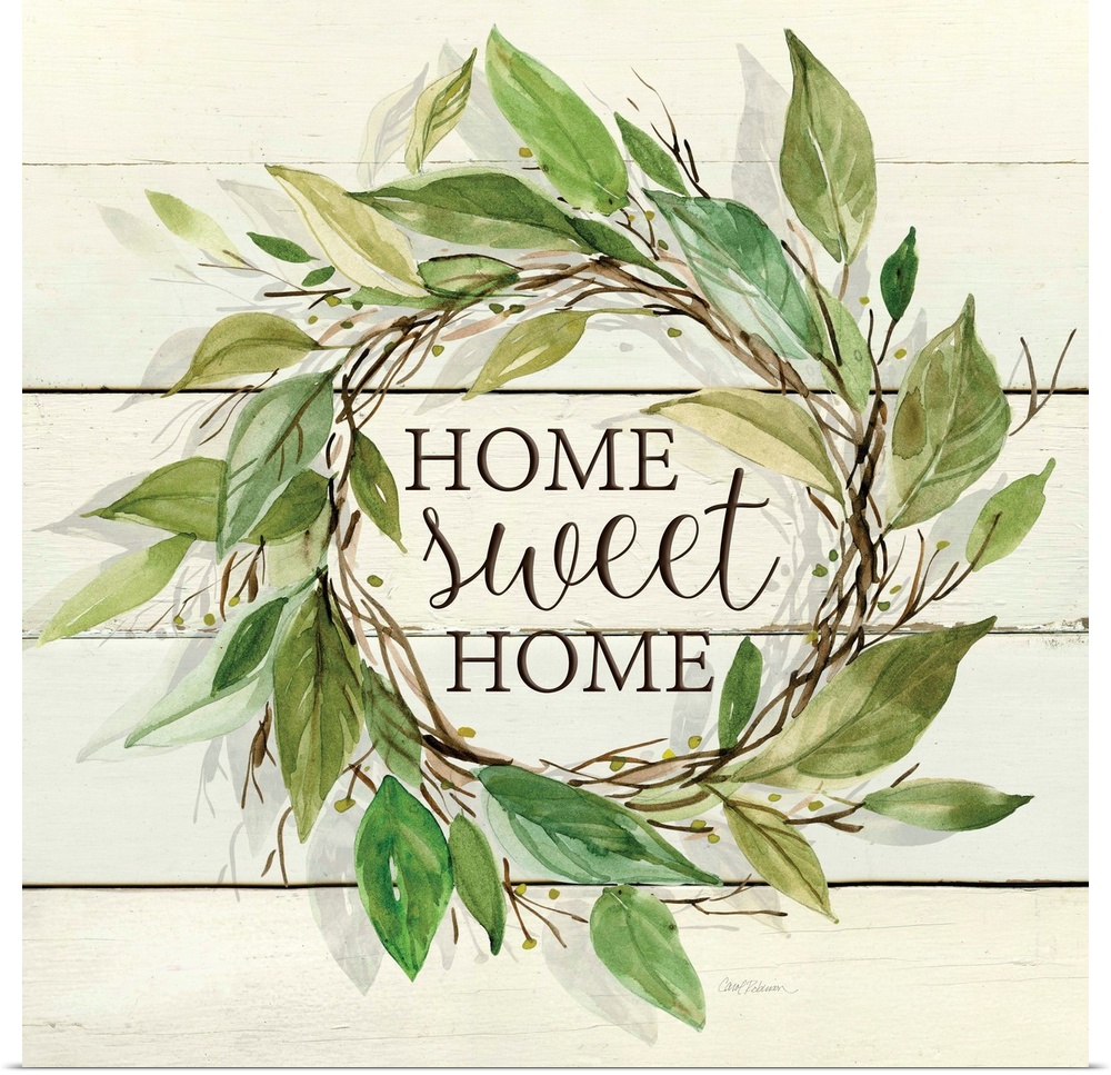 A wreath of various watercolor leaves surround the words, "Home, sweet home" on shiplap.