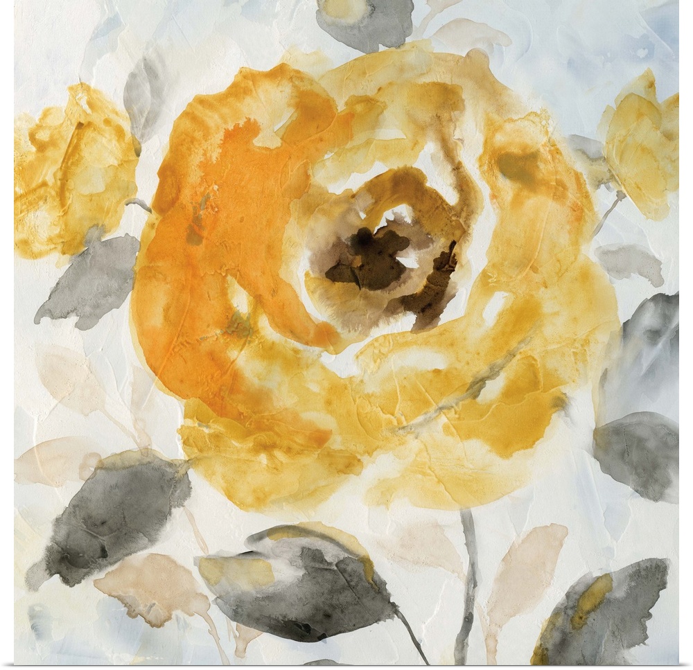 Contemporary painting of a deep yellow flower with grey leaves.
