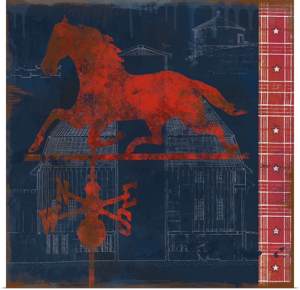Square red, white, and blue folk art with a red horse weather vane on top of white sketches of a barn and silos.