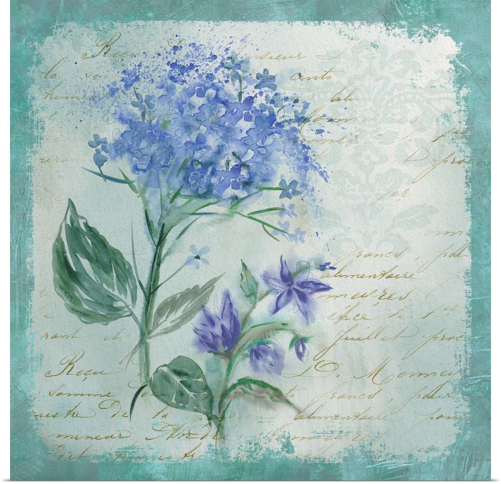 Square decor in cool tones with abstract hydrangeas on a blue bordered background with gold script.