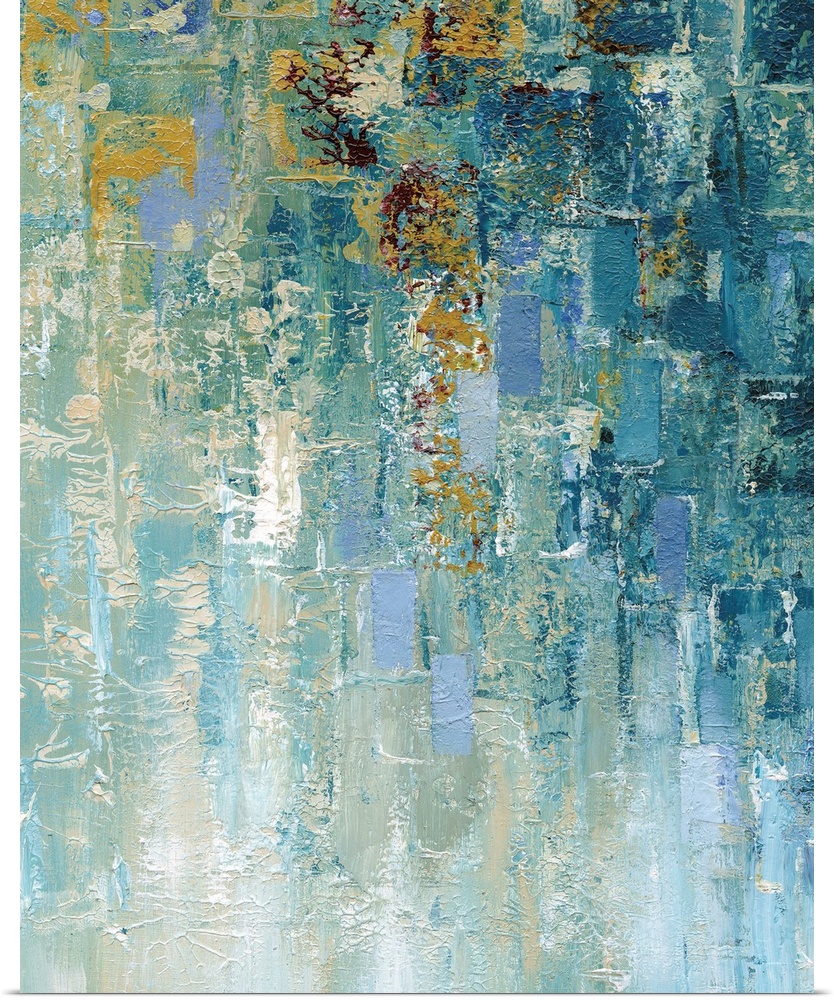 Vertical abstract painting comprised of cascading heavy textured painted rectangles in shades of blue, beige, yellow and red.