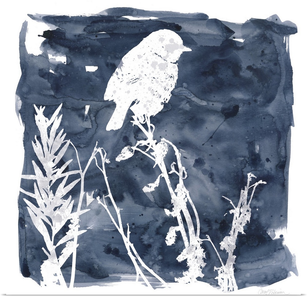 Square watercolor painting of a white silhouetted bird and plants on an indigo background with a white boarder.