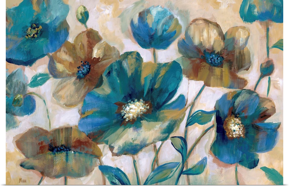 Edgy brush strokes construct this bed of blue toned flowers on a light earthly toned backdrop.