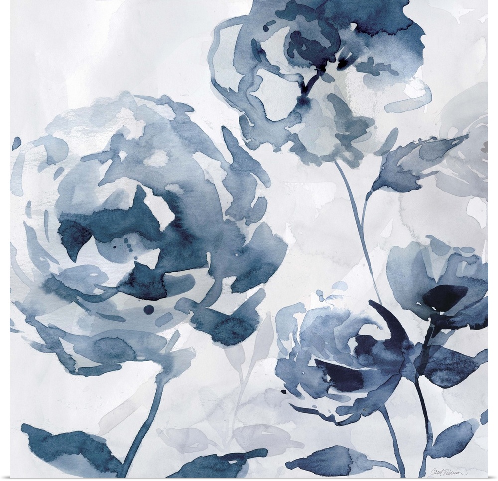 A square abstract watercolor painting of blue flowers.