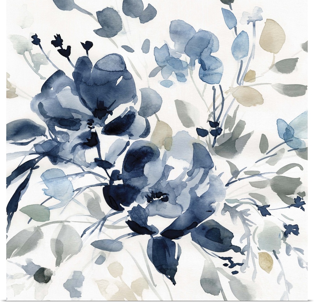 Square watercolor painting of flowers with indigo, gray, and tan hues.