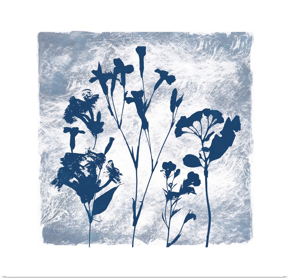 Square decor with indigo silhouetted flowers and a thick, white border.